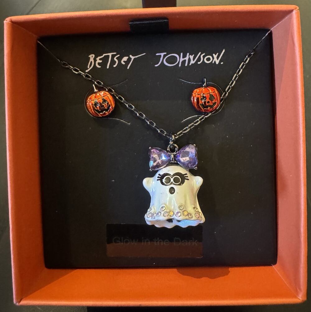 Betsey Johnson Glow In The Dark Ghost Necklace Pumpkin Earrings Halloween Set